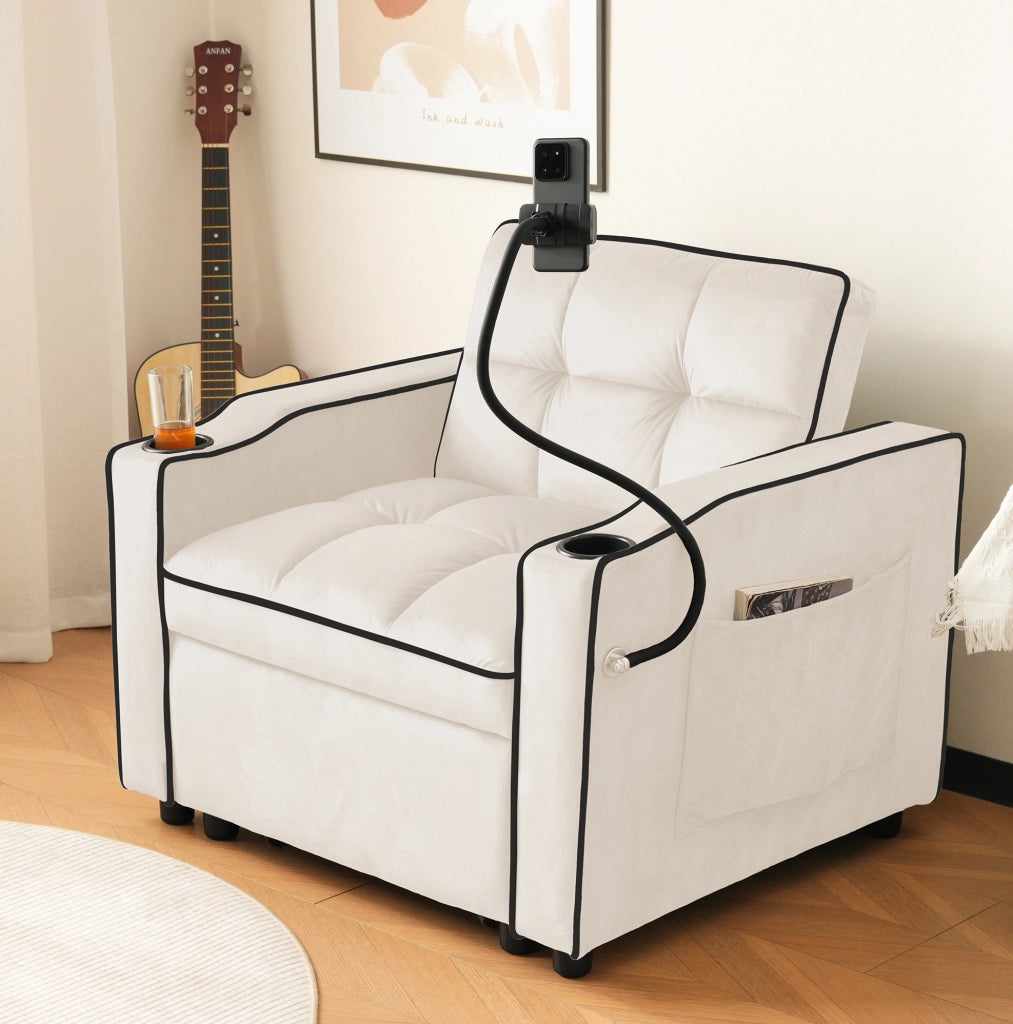 Divano letto 83x167x76 cm 3 in 1 con portabicchieri e supporto per telefono in schiuma beige