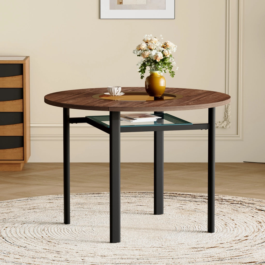Tavolo rotondo 100 cm con piano in MDF effetto legno, inserto in vetro e struttura in metallo, 4-6 posti
