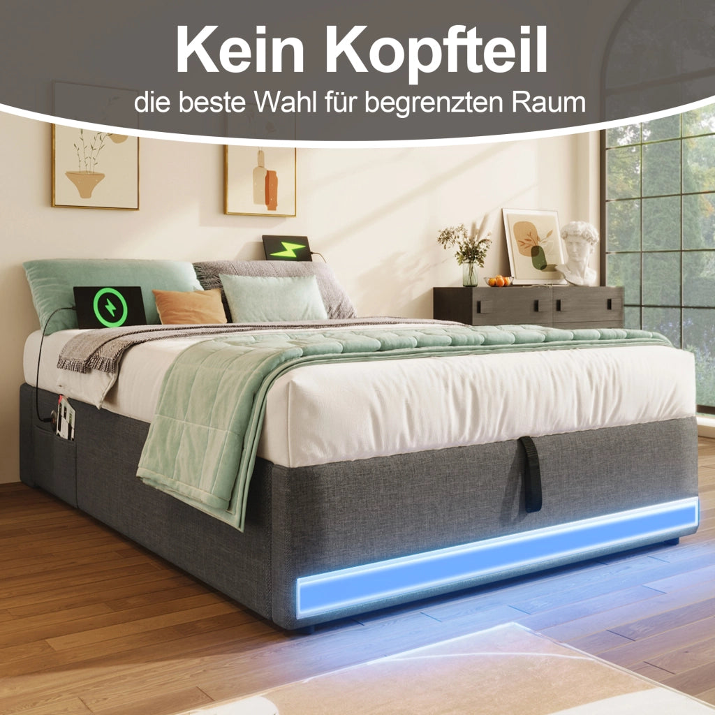 LETTO contenitore 90x200 cm in lino grigio con LED, USB e Type-C