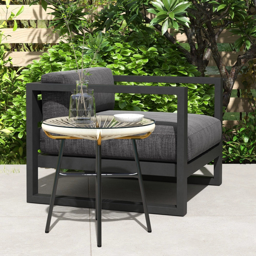 Tavolino da caff¨¨ rotondo giardino ¨C Xylo ¨C vetro temperato rattan crema ?50cm