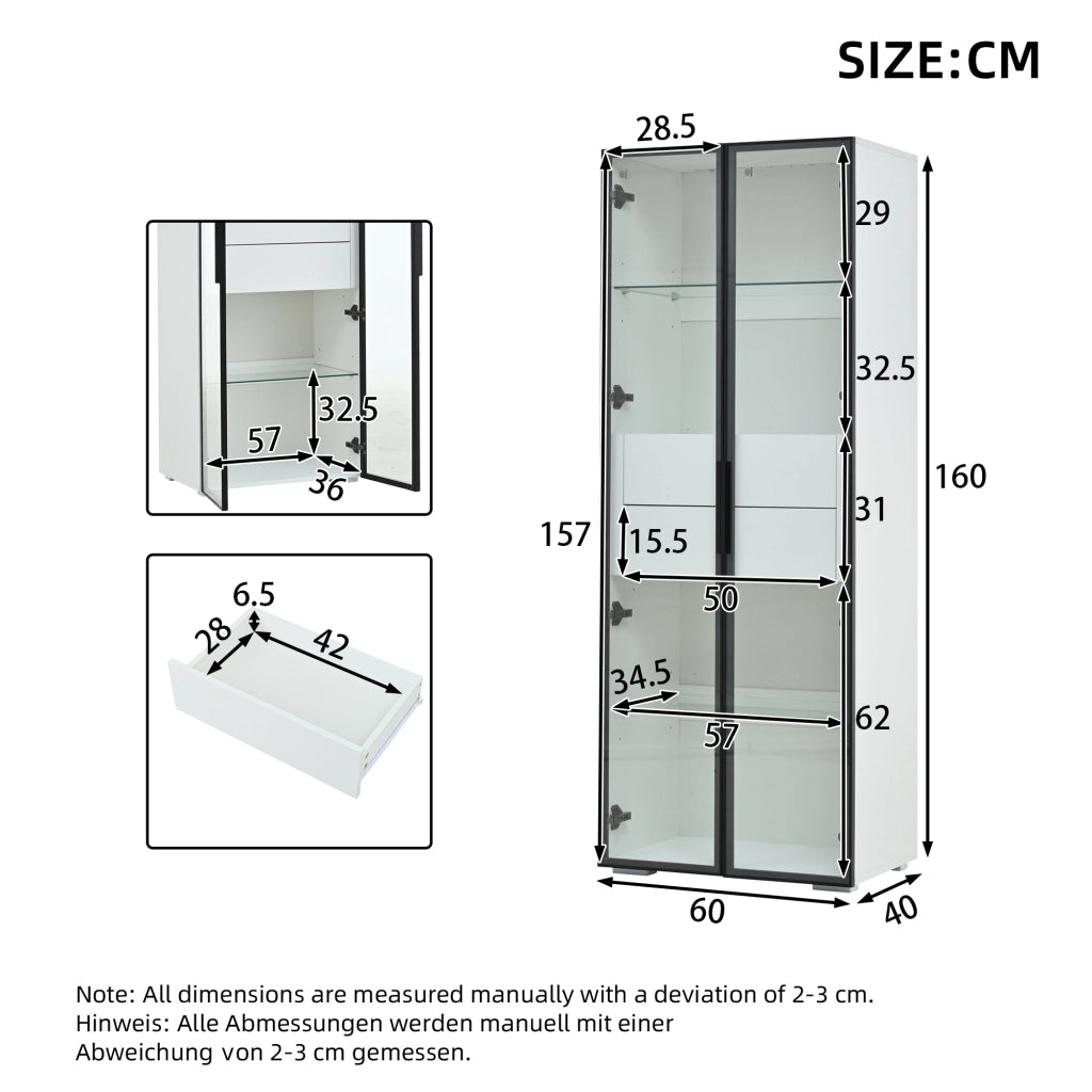 Vetrina con 1 anta; 2 cassetti; ripiani regolabili e LED per soggiorno; in MDF e vetro; bianco; 60×40×160 cm