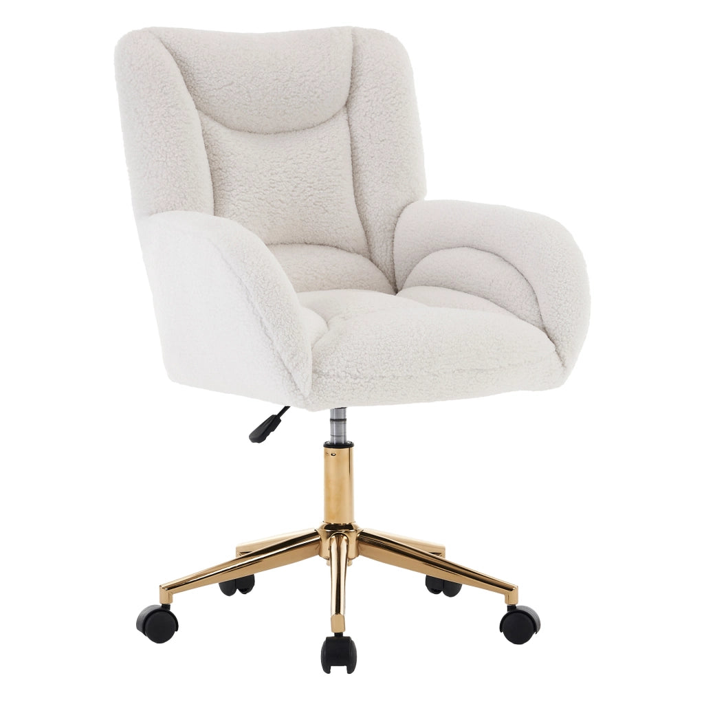 Sedia girevole regolabile in tessuto Teddy bianco con base in metallo dorato per home office