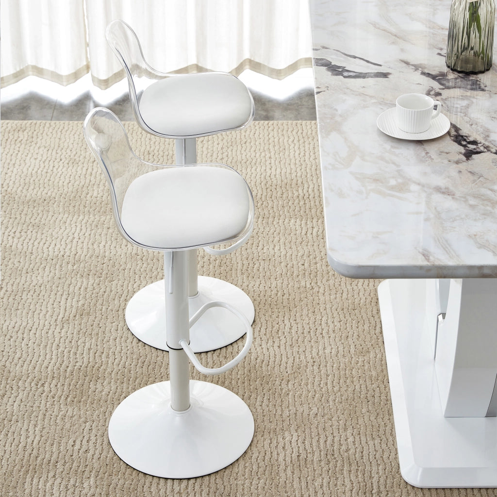 Set da 2 sedie a trave regolabili: schienale trasparente + gambe in metallo bianco, altezza regolabile da 82 a 104 cm, rotazione a 360¡ã.