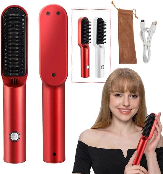 Kit di stile per capelli portatile, riscaldato, 2-in-1, ricaricabile via USB, senza fili, set di pettini, stilettini e tondini - Rosso