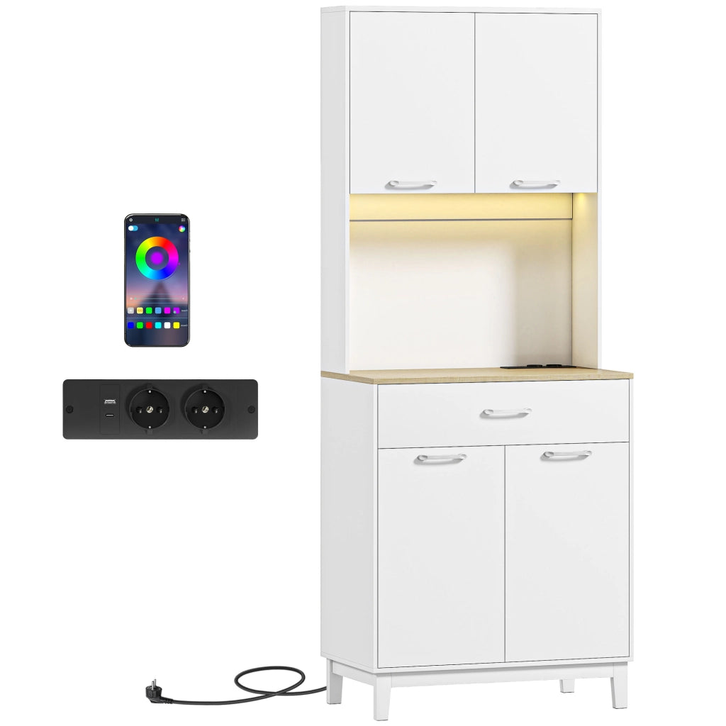 Credenza Moderna 71x40x180 cm con Luci LED Prese Elettriche e USB 2 Armadietti e Cassetto Bianco