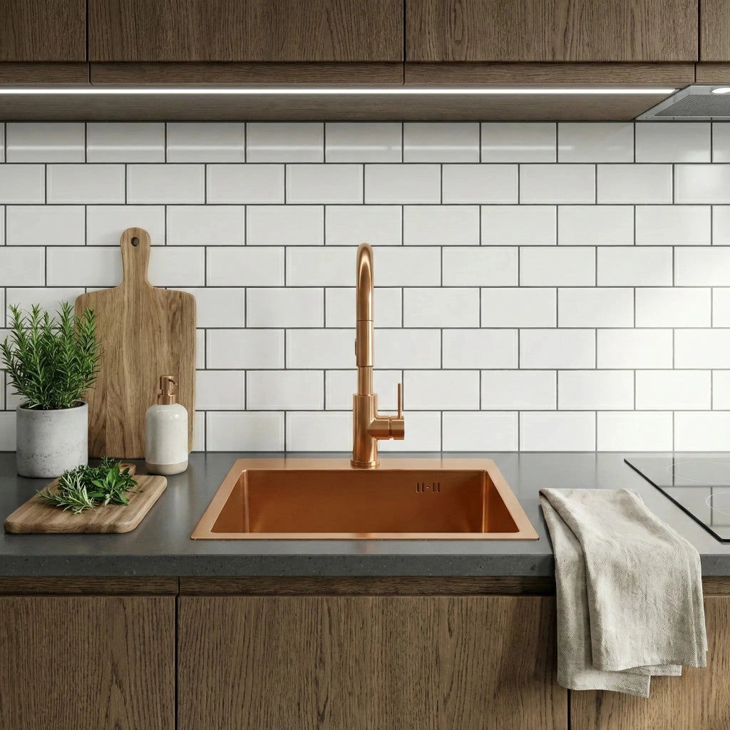 Lavello In Acciaio Leo 50 Brush Copper con rubinetto da cucina