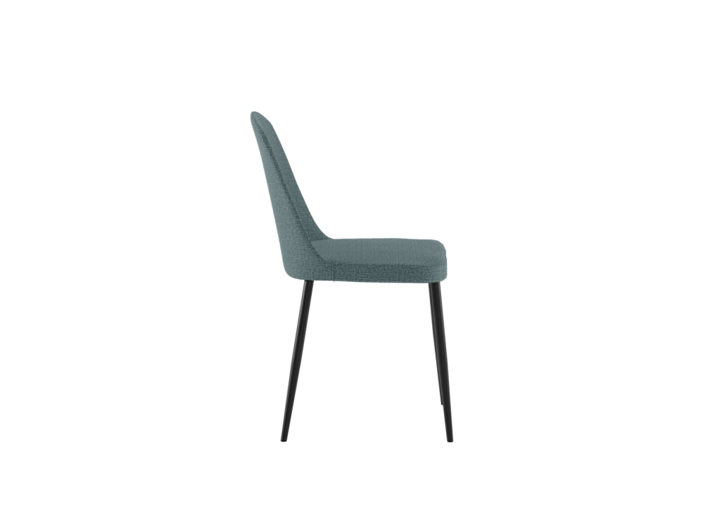 Sedia da pranzo Tamara con struttura in polipropilene e rivestimento in tessuto acquamarina, gambe in metallo nero - Design moderno