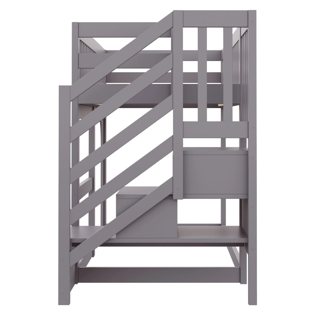Letto a soppalco per bambini 90x200 cm con design a casetta; scala contenitore; spazio aperto sottoletto e LED; grigio