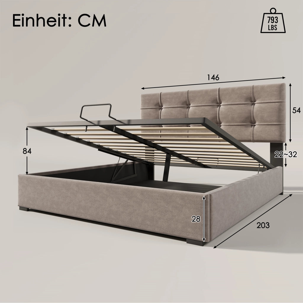 Letto contenitore matrimoniale 140×200 cm con testiera regolabile e rete sollevabile; senza materasso; velluto; grigio chiaro