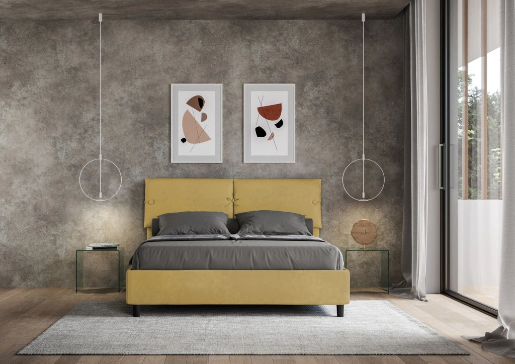 BS COM Letto matrimoniale con rete imbottito 160x190 microfibra ocra