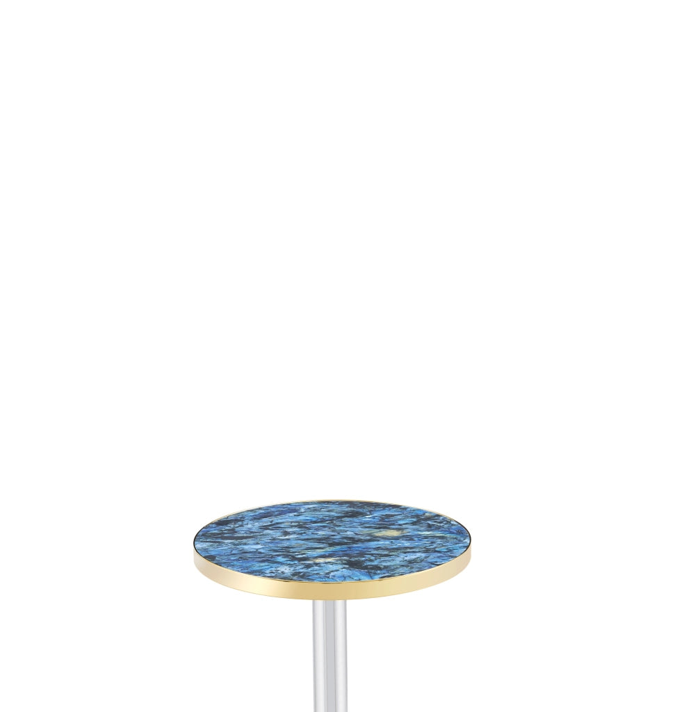 Tavolino rotondo 60x73;7 cm con piano effetto marmo blu in MDF e struttura in metallo