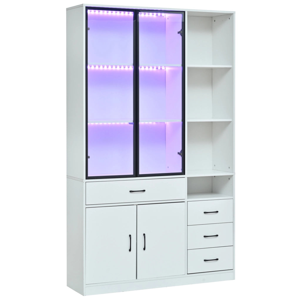 Vetrina alta con LED e 4 cassetti 120x35x200 cm; bianco; in truciolare con vetro temperato