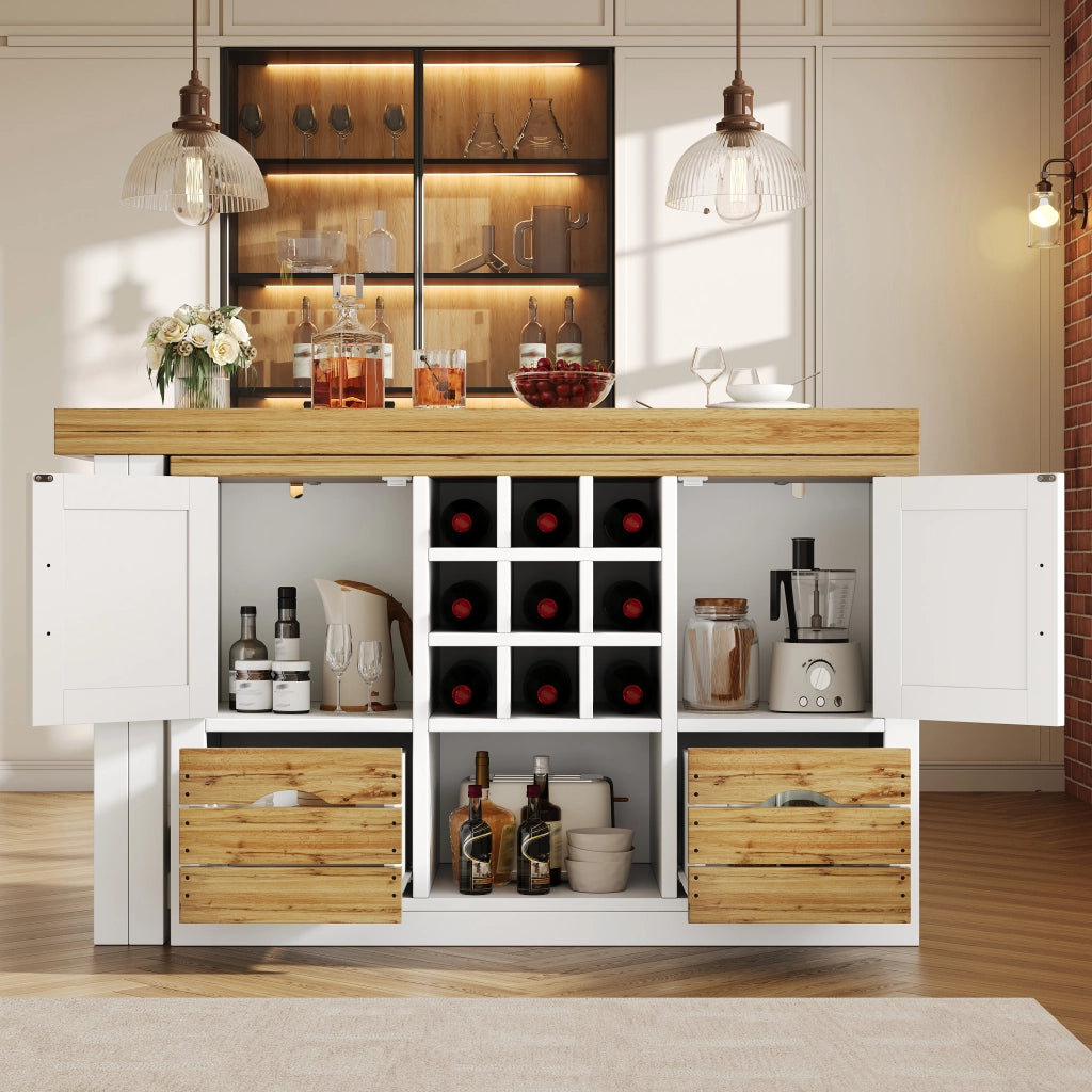 Tavolo da pranzo allungabile con sideboard, piano girevole a 360°, MDF, bianco