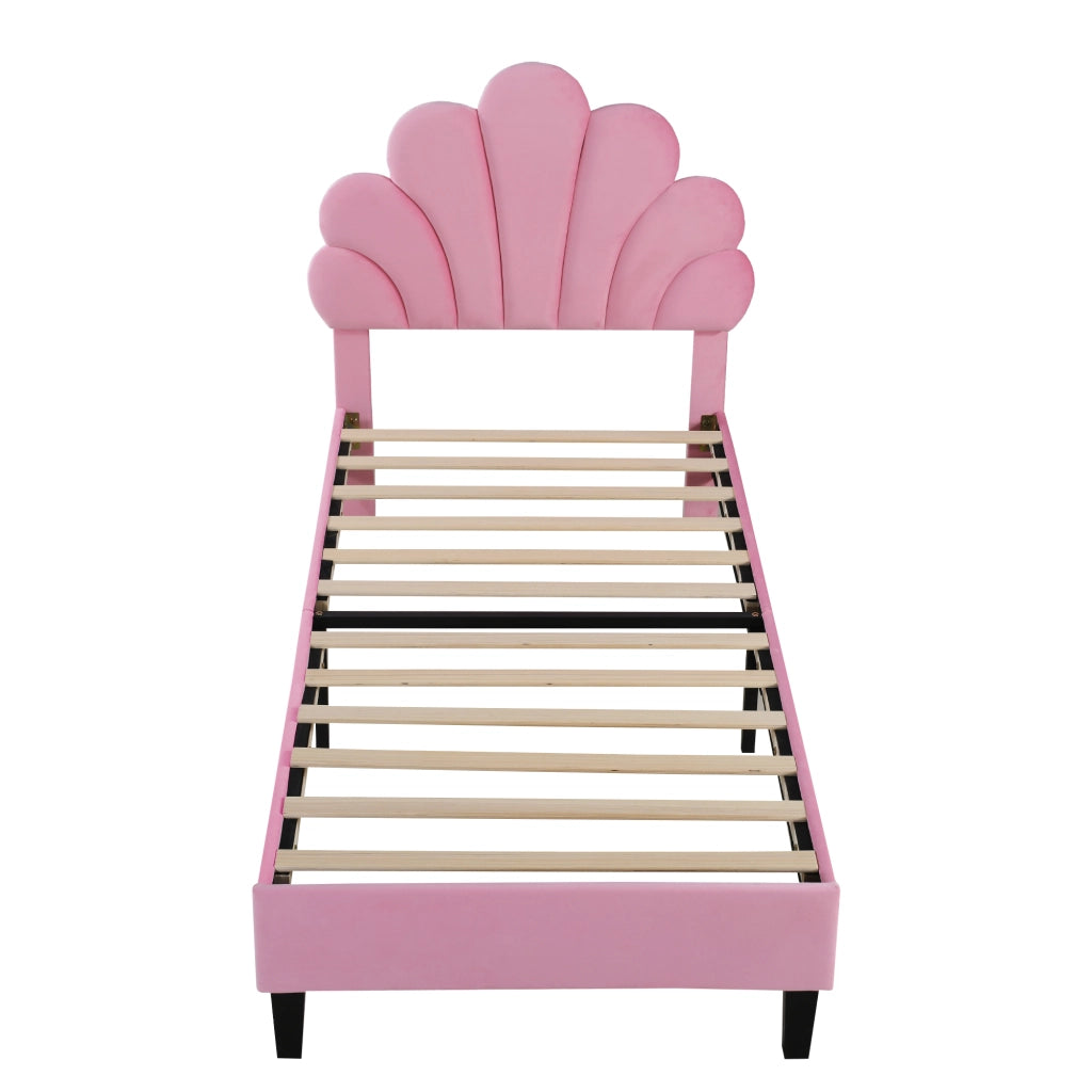 Upholstered Kids Bed;90x200 cm;flower-shaped headboard;velvet;pink