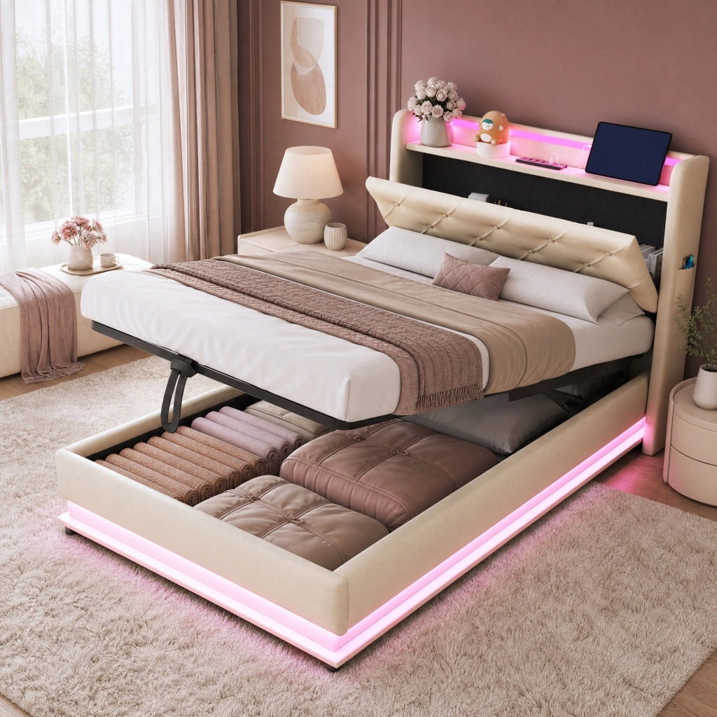 LETTO Imbottito 90x200 cm Beige con LED, USB e contenitore idraulico