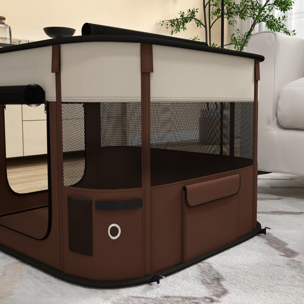 Box per Animali 74x60x45 cm con 6 Finestre 3 Porte e 2 Borse Portaoggetti in Poliestere e Acciaio Marrone