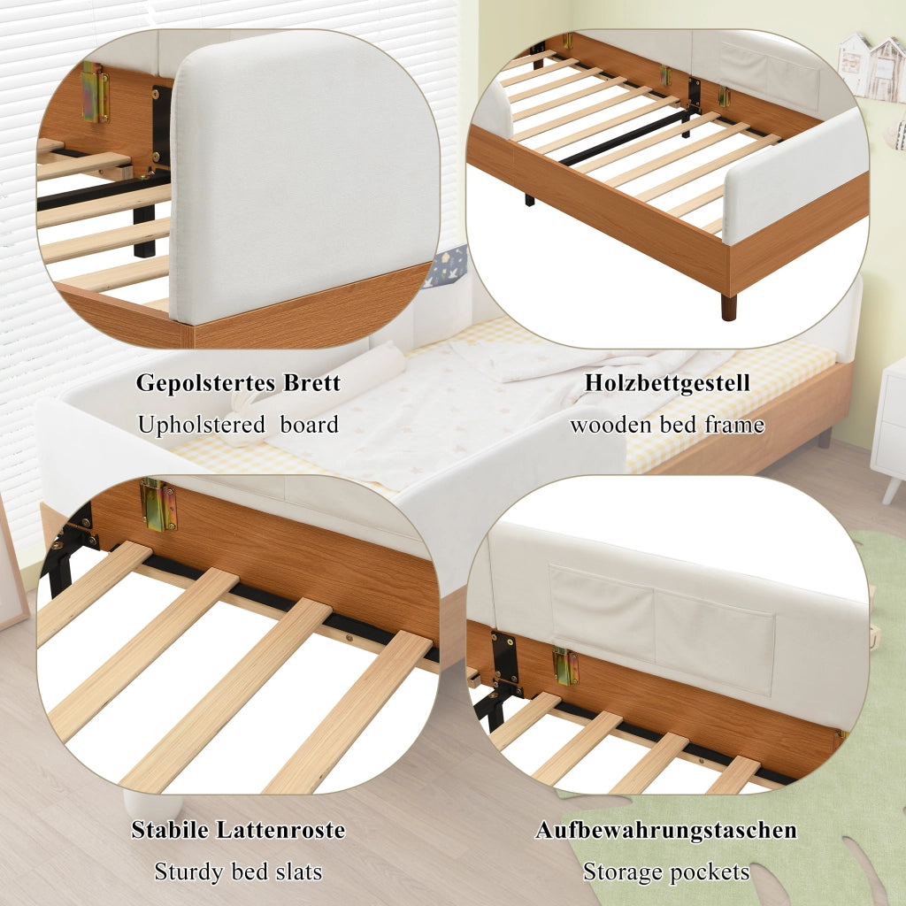 LETTO imbottito 90x200 cm in velluto bianco e legno