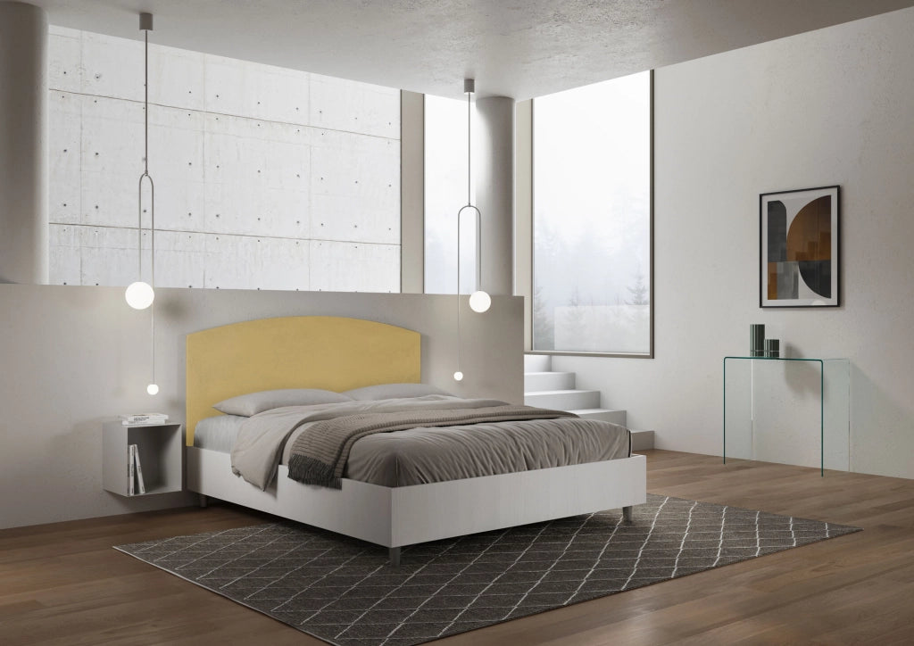 Letto Matrimoniale 160x200 cm con Rete e Contenitore Alzata Comoda Struttura Bianco Frassico e Testata in Microfibra
