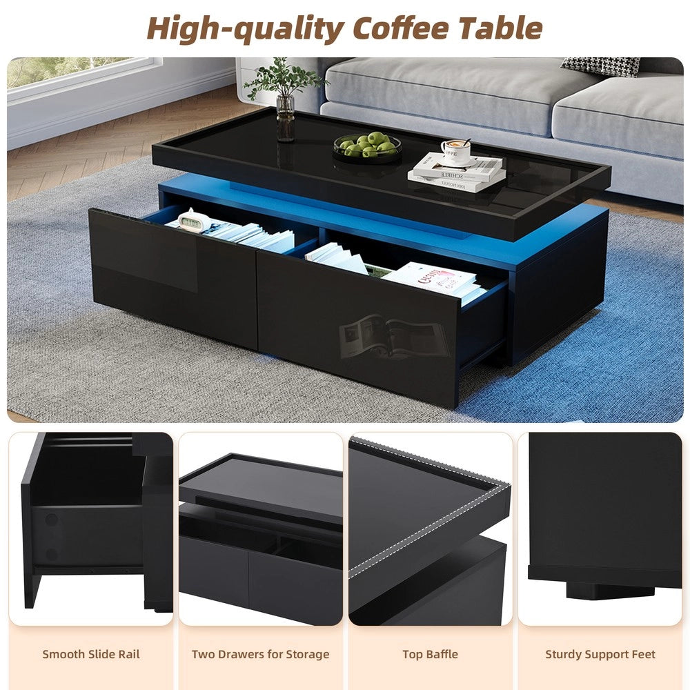Tavolino da Caff¨¨ con LED e Cassetti ¨C MINIMAL ¨C Nero Lucido, Moderno, 95x45x35