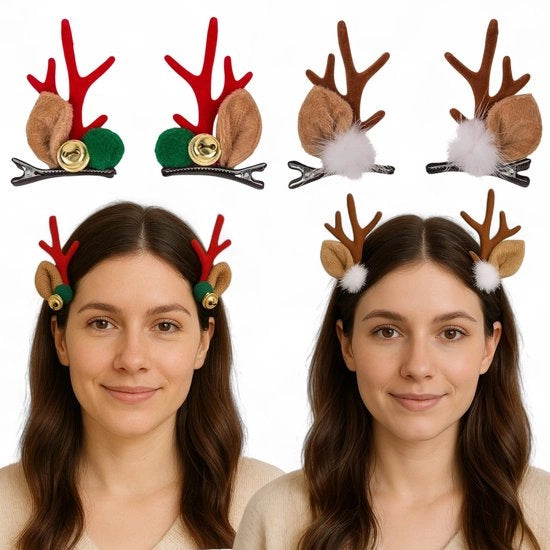 Set di 2 Paia di Accessori Capelli Festivi - Aspetto di Renne - Dettagli in Piuma - Bottone Luccicante
