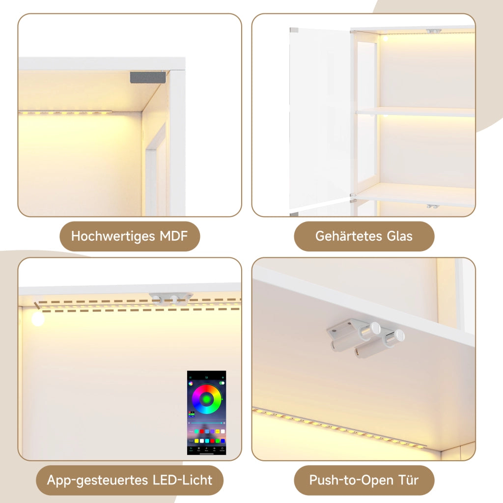 VETRINA LED 80x35x170 cm in MDF e Vetro Bianco con 4 Ripiani