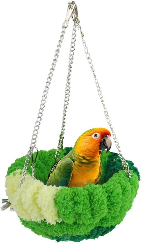 Vogelkooi con letto oscillante - Rete per coralli - Per pappagalli/canarini - Materiale: pelle naturale/kunststoffo/metallino - Dimensioni 14x8 cm - Installazione facile - Nido per uccelli