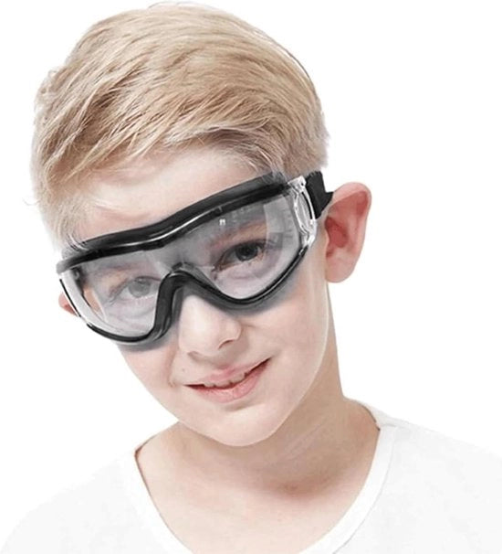 Visiera di sicurezza per bambini da 5 a 12 anni, schok-resistente, anti-condens, regolabile e con cinturino, per giochi di Nerf, feste di compleanno all'aperto, colore nero.
