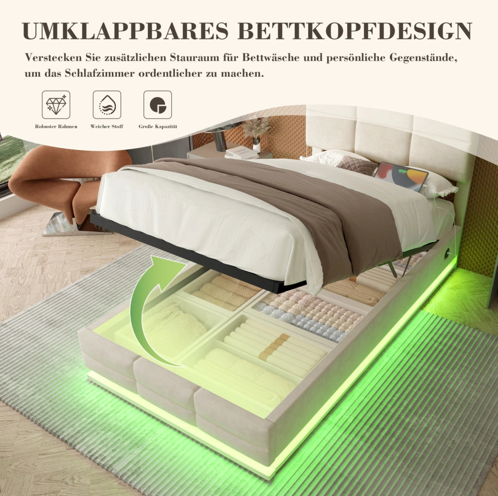 Letto imbottito moderno 90x200 cm in velluto beige con testiera regolabile; LED e USB