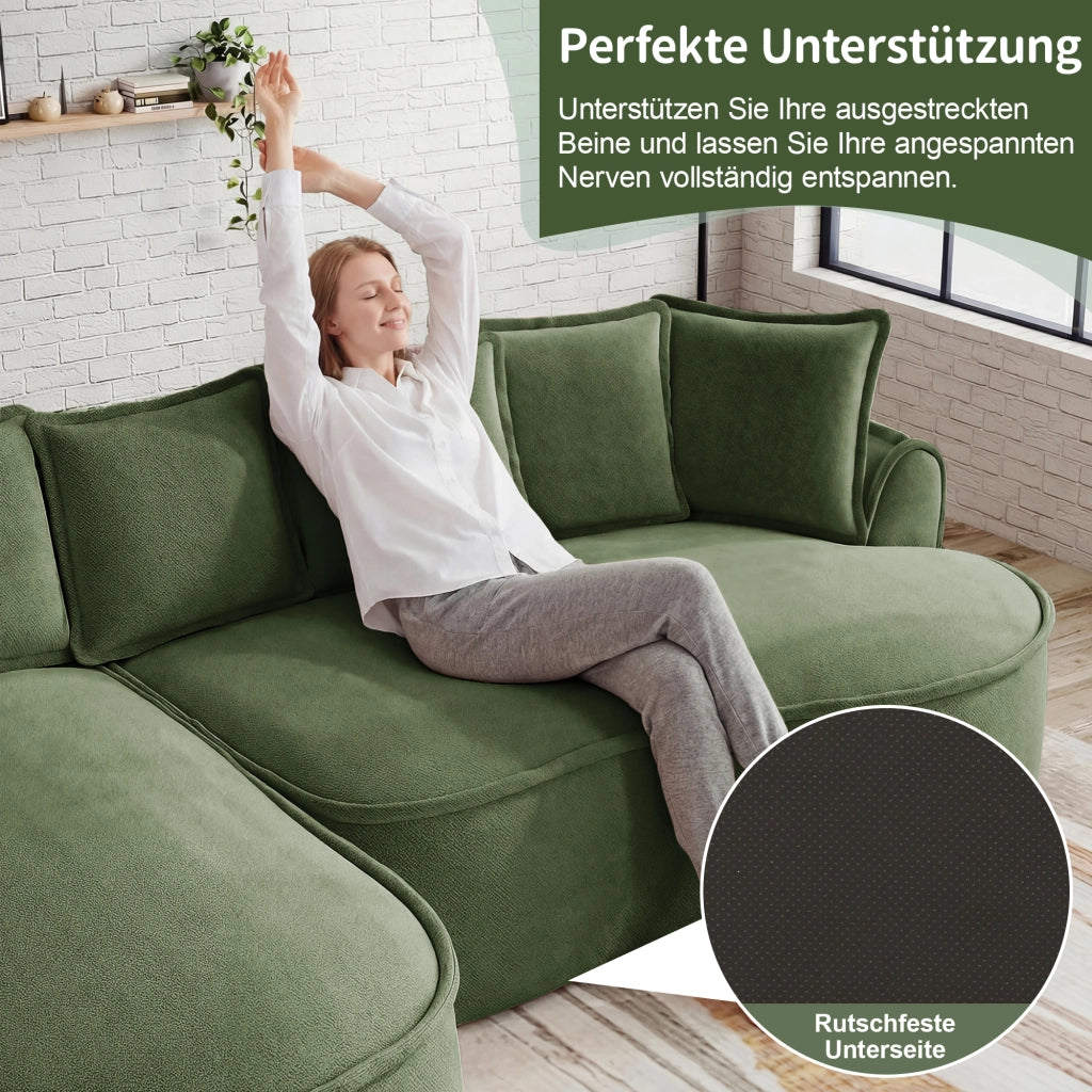 Divano modulare 2 posti con funzione letto e cuscini; per soggiorno; in chenille verde
