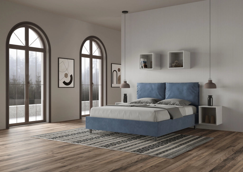 BS COM Letto matrimoniale senza rete imbottito 160x200 microfibra blu
