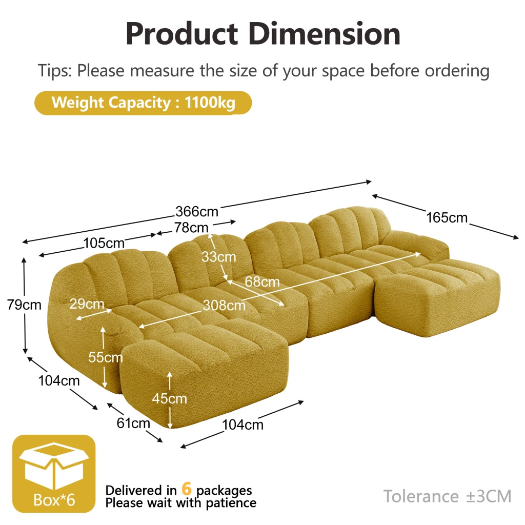 Divano modulare angolare 4 posti con chaise longue e pouf; in fleece granulare giallo