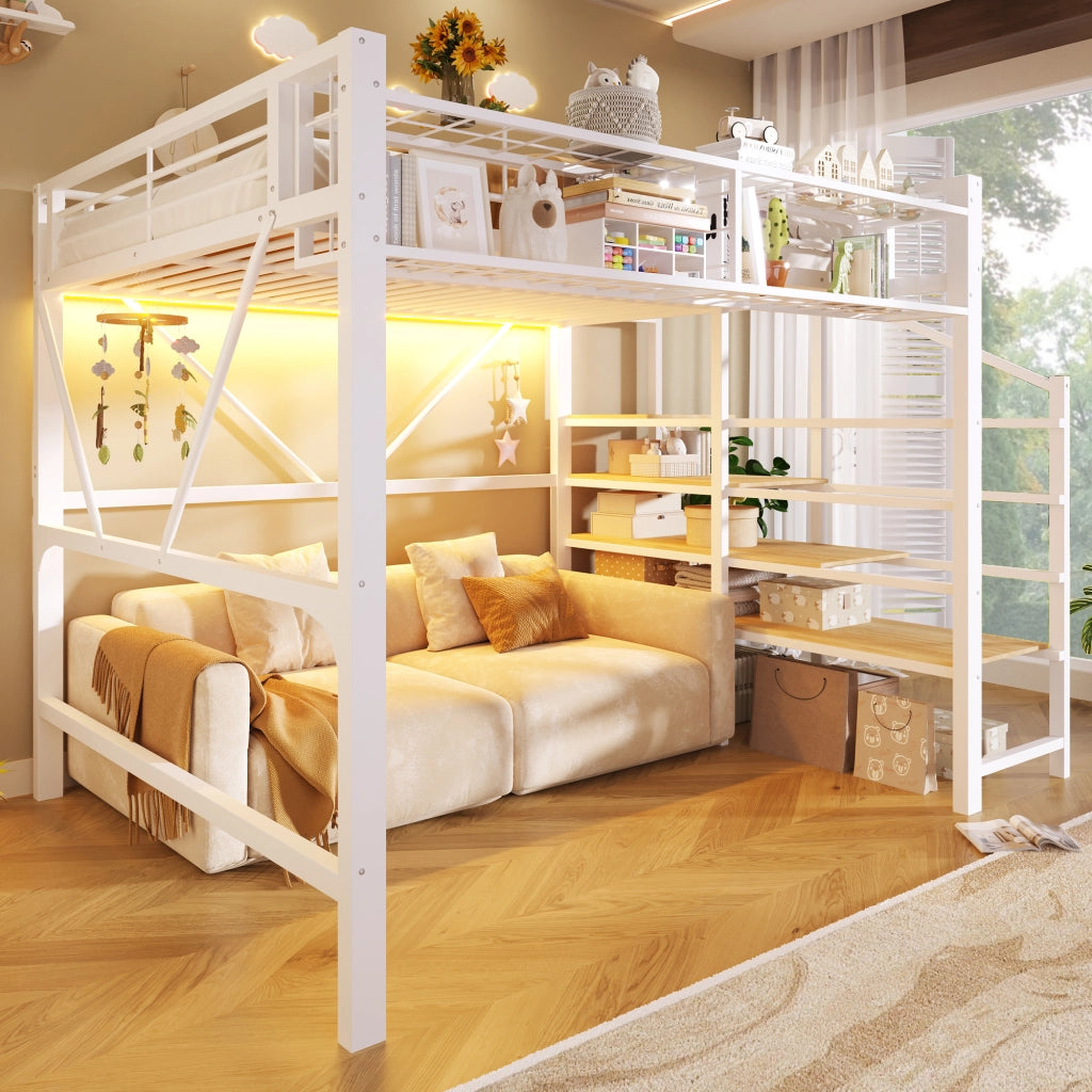 DESMIU Lit mezzanine 140 × 200 cm 2 posti con ripiani, LED, cestino portaoggetti, senza materasso, bianco