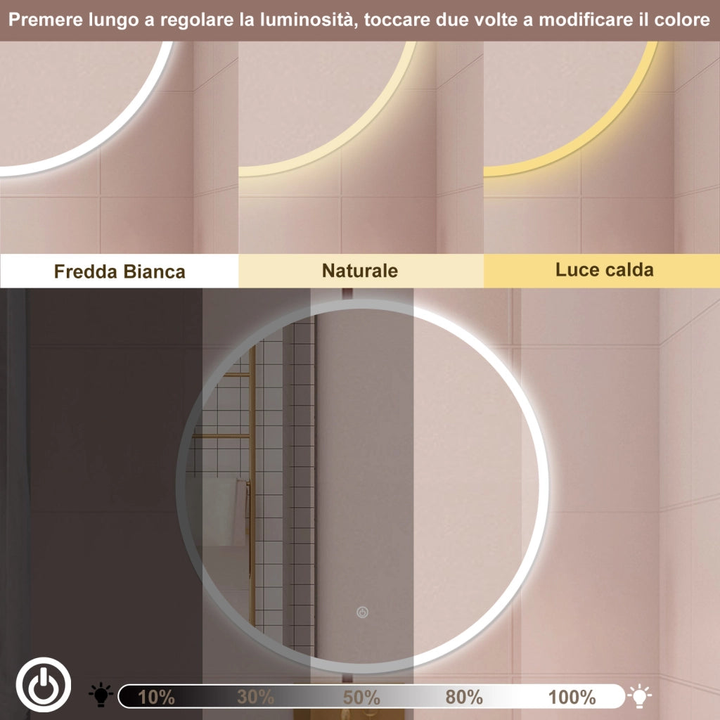 AICA Specchio da bagno 70 x 70 cm, 3 colori, antiappannamento, dimmerabile, interruttore touch, Funzione Memoria