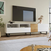 OKWISH Mobile TV con 2 Ante 2 Cassetti e 2 Vani Aperti, Stile Moderno per Soggiorno, MDF Bianco e Legno 180 x 38 x 50 cm