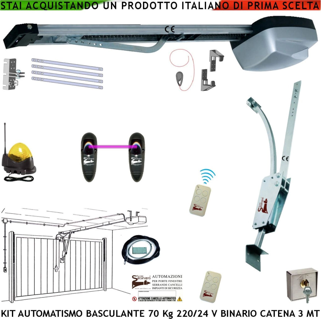 Kit Motore 220/24 V da Soffitto per Porta Basculante 70 Kg Automatica Selettore Binario Alluminio Catena Acciaio 3 Metri Cordino x Sblocco Pattino Archetto 2 Radiocomandi Faro Antenna Luce di Cortesia