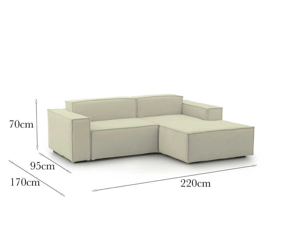 Divano fisso Amuleto, Divano componibile a 2 posti con penisola destra, Made in Italy, Sofà\  moderno in tessuto, Cm 220x170h70, Beige