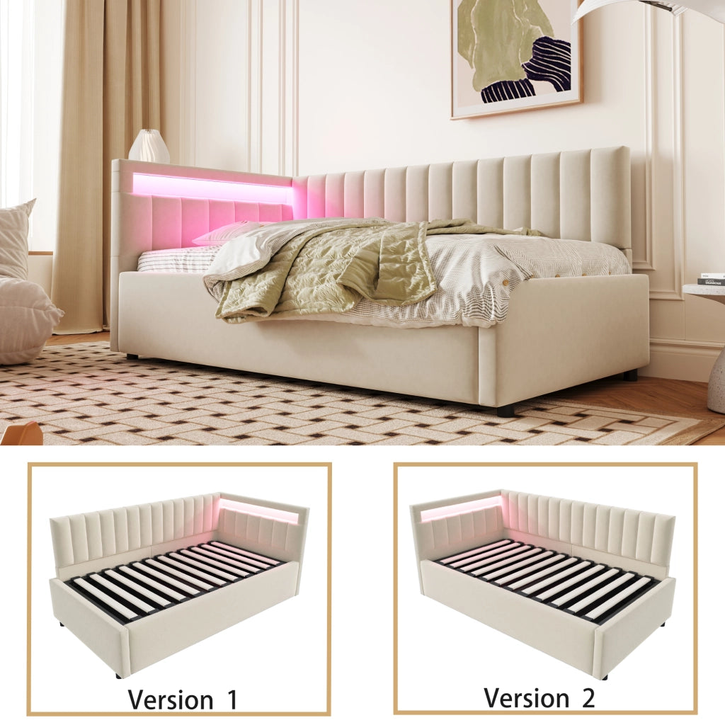 LETTO Contenitore 90x200 cm in velluto beige con LED