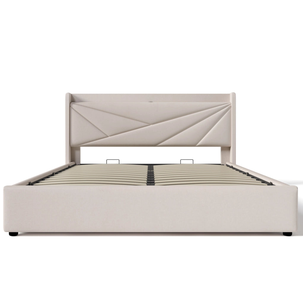 Letto matrimoniale imbottito con contenitore, testiera con USB e Tipo C, 160x200 cm