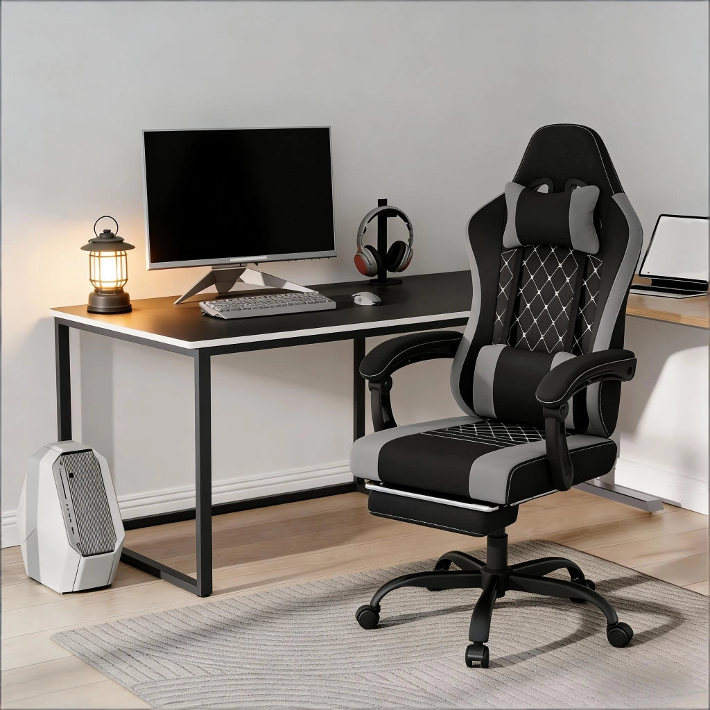Sedia da Ufficio Gaming Ergonomica con Massaggio Lombare, Poggiapiedi, Schienale Reclinabile, in Tessuto Mesh Nero e Grigio 70 × 70 × 127 cm