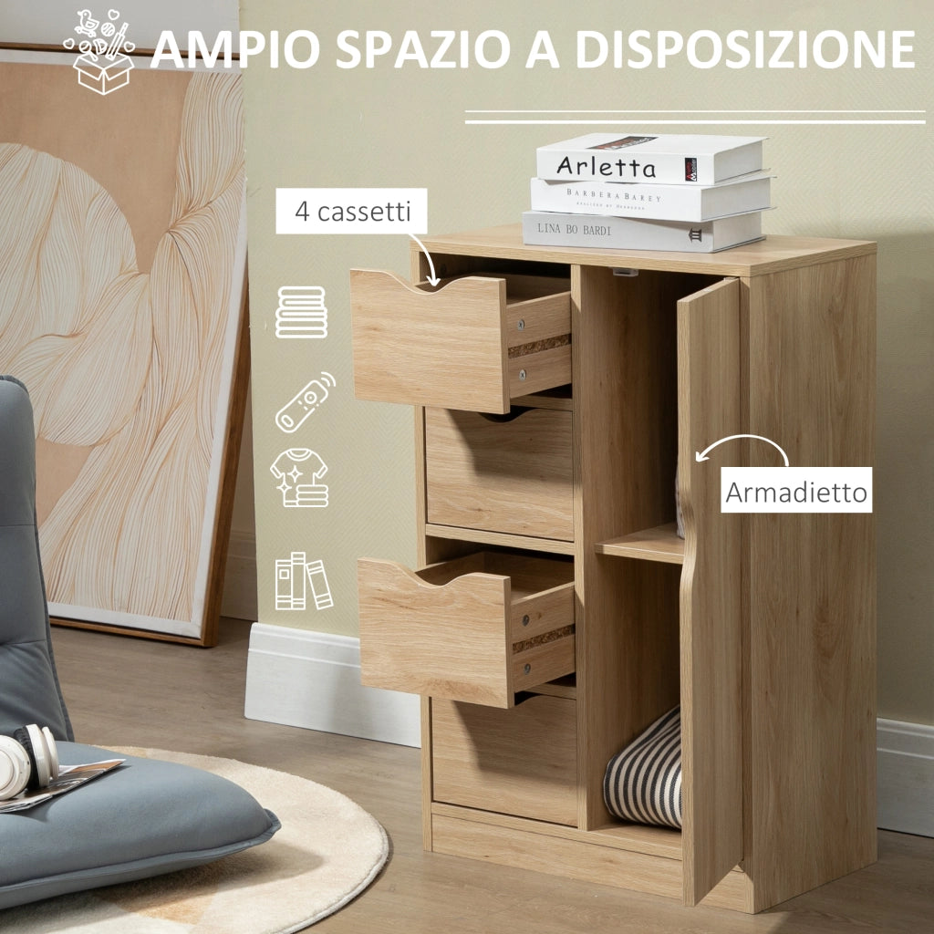 Mobile Bagno con 4 Cassetti, Armadietto a 2 Livelli e Maniglie Ritagliate, in Truciolato, 54x29x83 cm