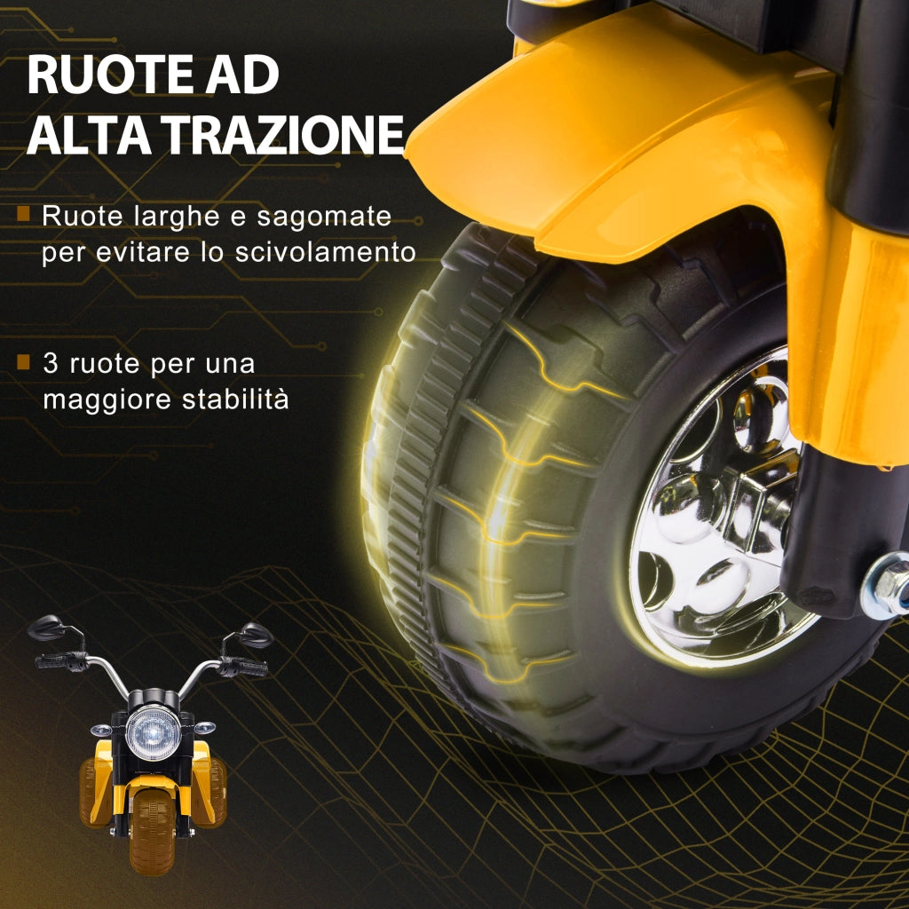 Moto Elettrica per Bambini a 3 Ruote con Luci e Suoni, Batteria Ricaricabile 6V, Velocit¨¤ 2 km/h, per Bimbi da 18-36 Mesi, 72cmx57cmx56cm Gialla