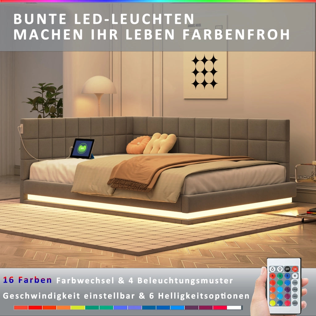 LETTO DIVANO Imbottito 140x200 cm Grigio in Lino con LED e USB