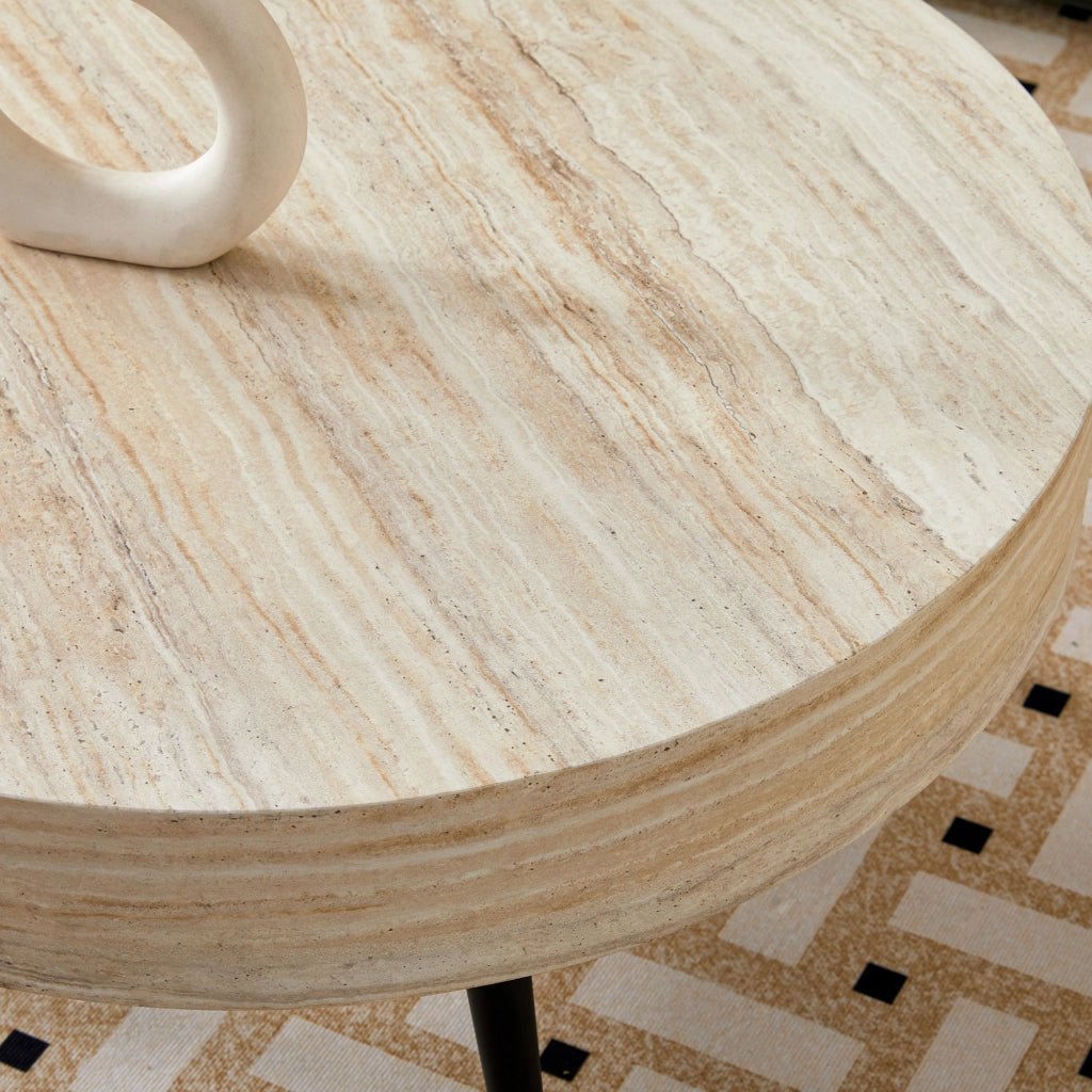 Tavolino rotondo da salotto 70 cm in MDF effetto travertino chiaro con gambe in metallo nere