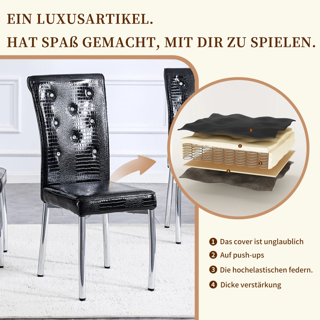 Sedie da pranzo, 2 pezzi in finta pelle effetto alligatore con bottoni in cristallo e gambe in metallo galvanizzato nero, 76 × 49,5 × 46 cm