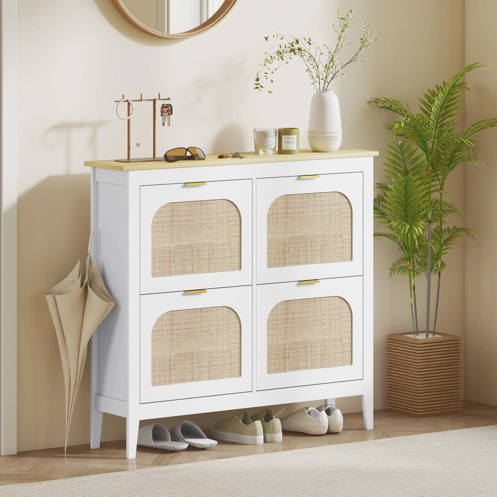 Scarpiera con 4 cassetti e ante effetto rattan ¨C Zephmum ¨C Bianco 105x24x95.5 cm