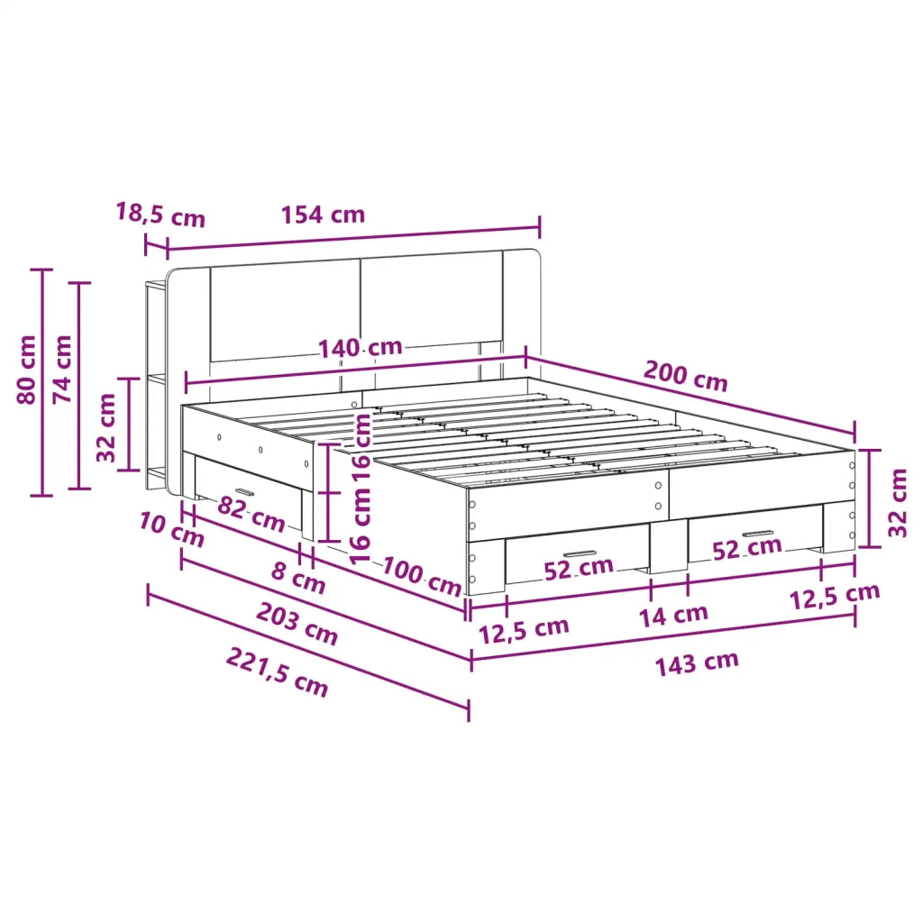 Letto matrimoniale | Letto per adulti | Telaio del letto con storage Sonoma grigio 140 x 200 cm