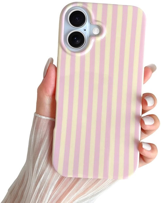 Telaietto per iPhone 16 - Disegno a Strisce - Materiale TPU - Design Sottile - Resistente ai Colpi - Stile e Design - Colori Rosa/Giallo - Protezione per Telefono