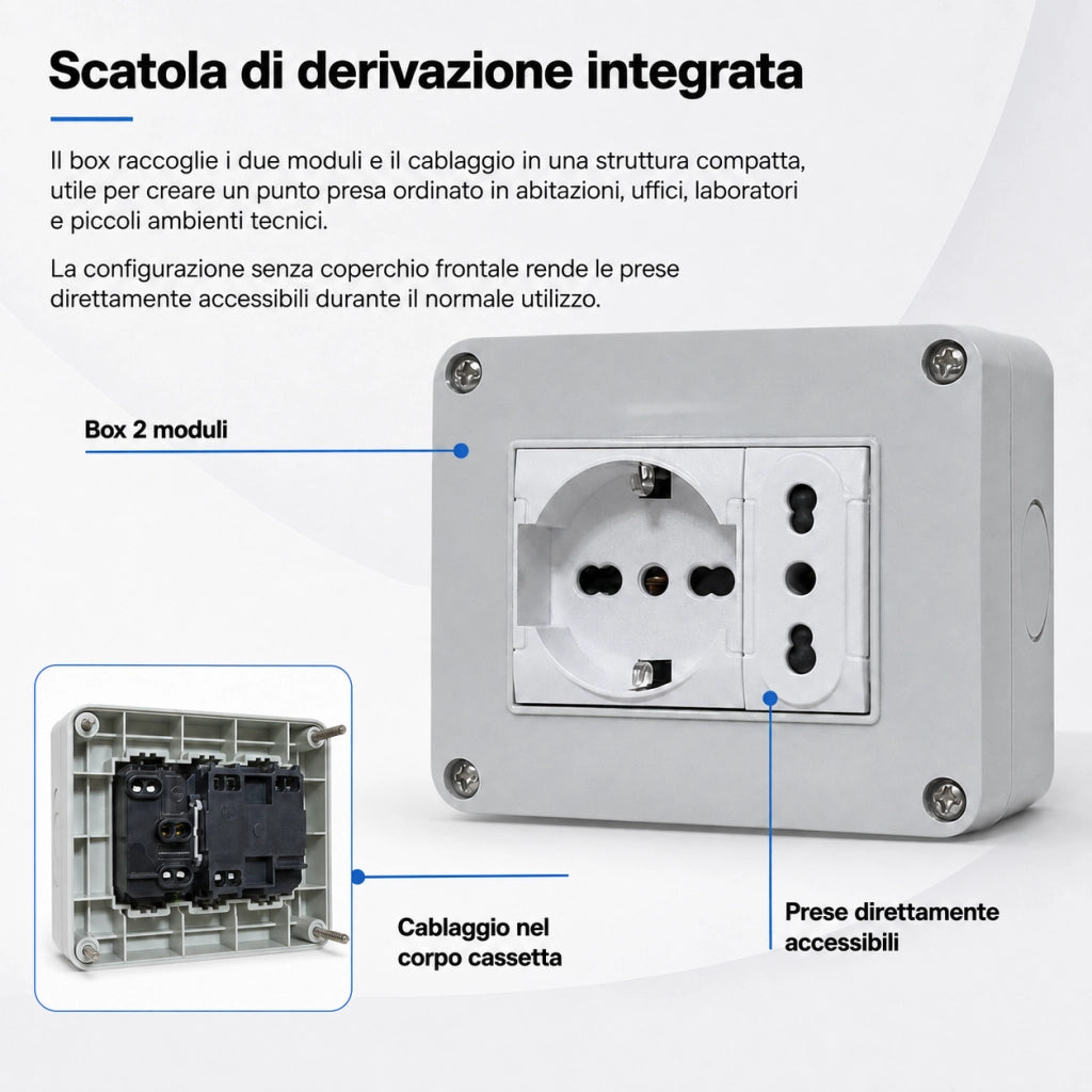 Cassetta Elettrica IP40 con Presa Schuko e Bipasso 10/16A