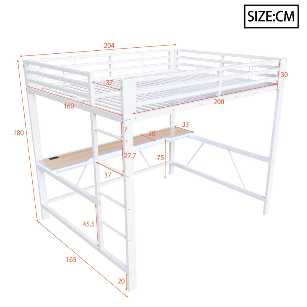 DESMIU Letto a soppalco 160 × 200 cm 2 posti con scrivania, LED e ripiani, senza materasso, in metallo, bianco