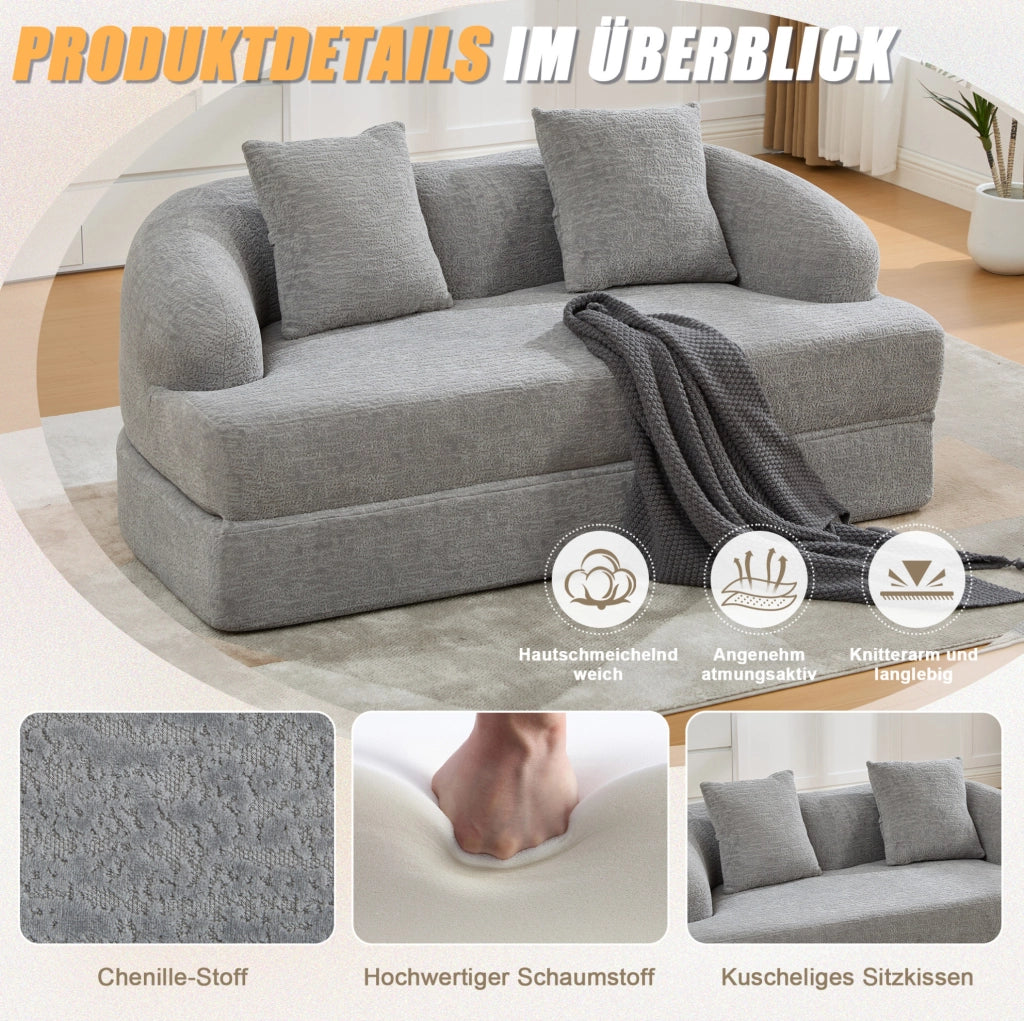 Divano letto 2 posti pieghevole in chenille grigio chiaro 157x84x65 cm
